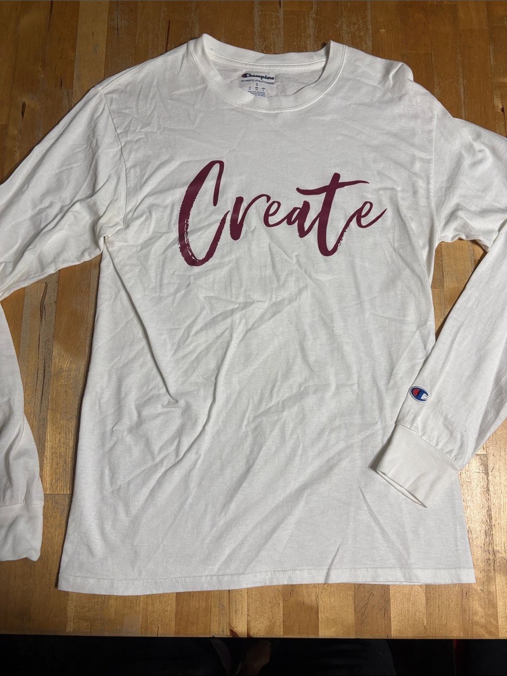Champion White Long Sleeve Tee with Maroon "Create" Script